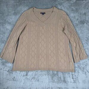 Roamans Womens Cable Knit Fisherman Sweater SZ 1X 22-24 Beige Cozy Office